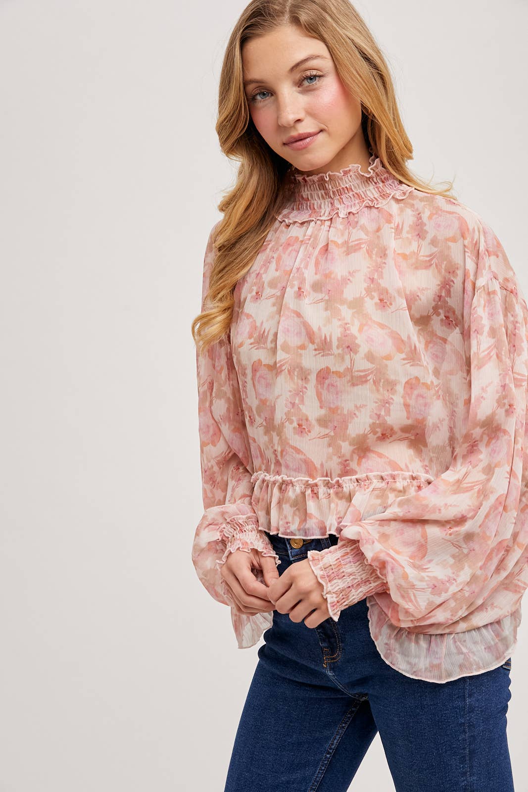 FLORAL PRINT RUFFLED MOCK NECK CHIFFON TOP