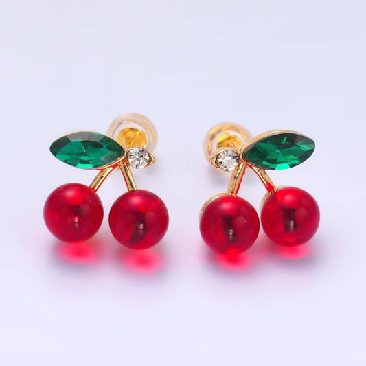 24K Gold Filled 13mm CZ Cherry Fruit Stud Earrings