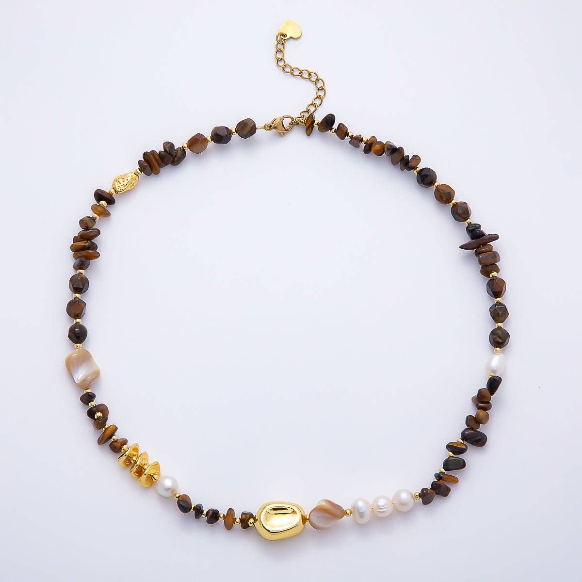 White Shell Pearl Tiger Eye Biwa Pebble Multifaceted Gemstone Chain 16 Inch Necklace