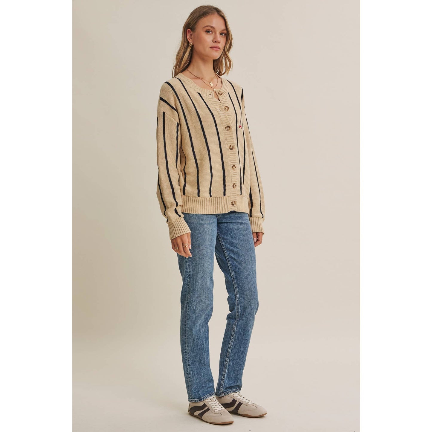CITY POSTCARD EMBROIDERED STRIPE BUTTON-DOWN CARDIGAN
