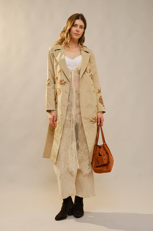 Floral Embroidered Double Breasted Belted Trench Coat