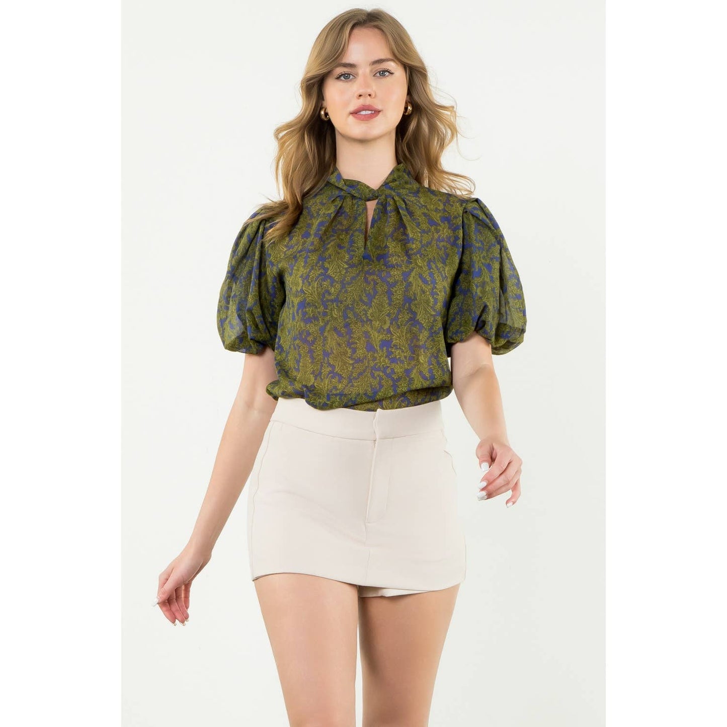 Twist Neck Puff Sleeve Print Top