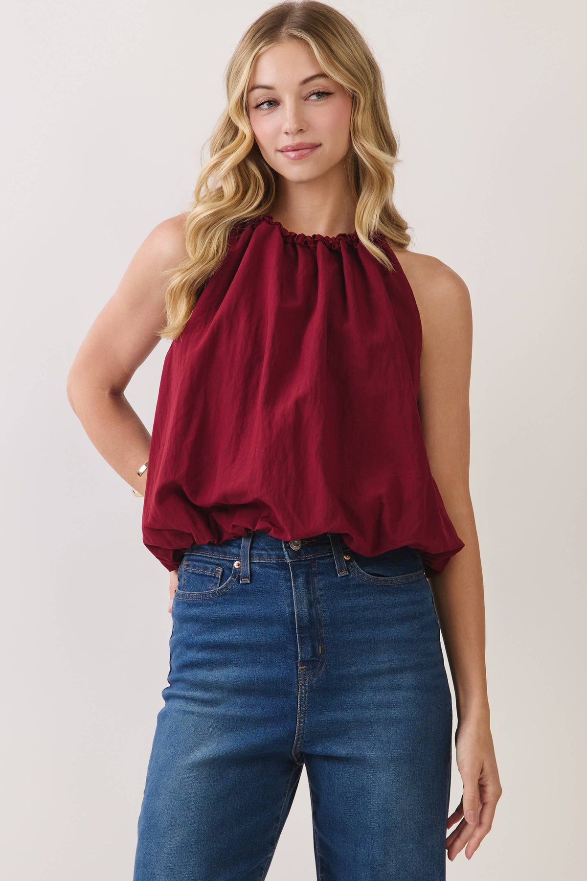Gathered Neckline With Tie Halter Style Top