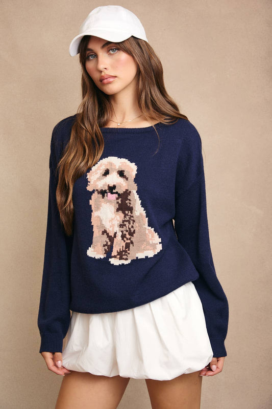 OFF SHOULDER LONG SLEEVE GOLDENDOODLE GRAPHIC SWEATER