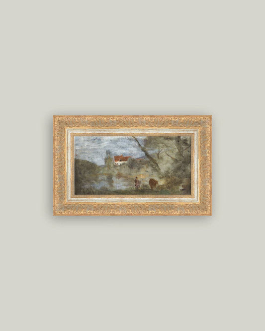Cowherd by the Pond Framed Antique Art