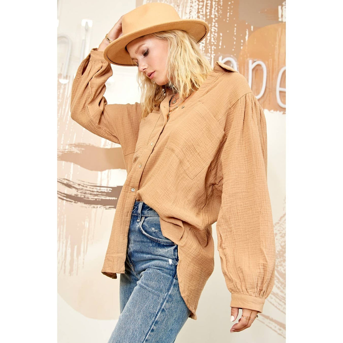 TEXTURED BUTTON DOWN PUFF SLEEVES BLOUSE TOP