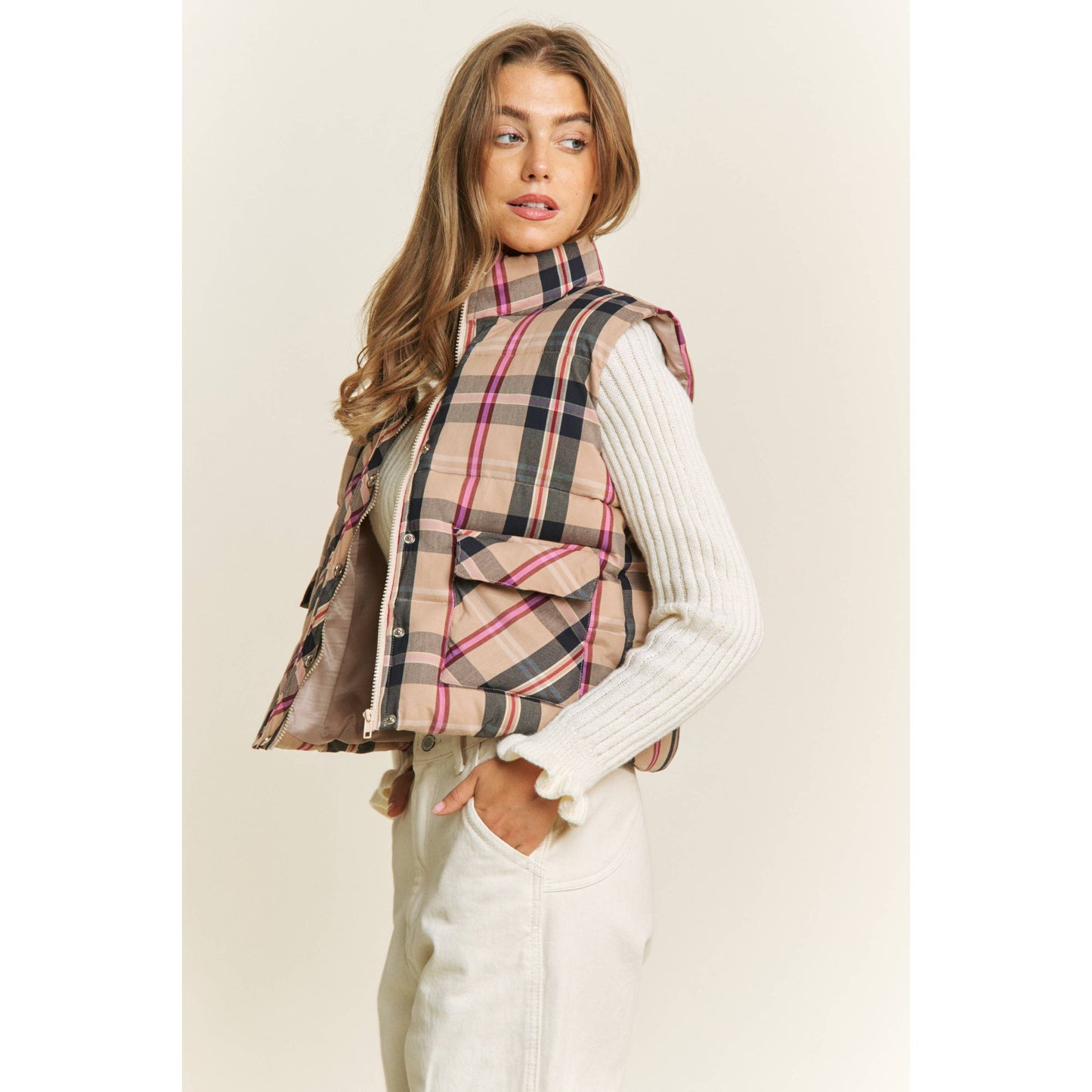 CROP PLAID HIGH NECK OPEN FRONT PUFFER VEST
