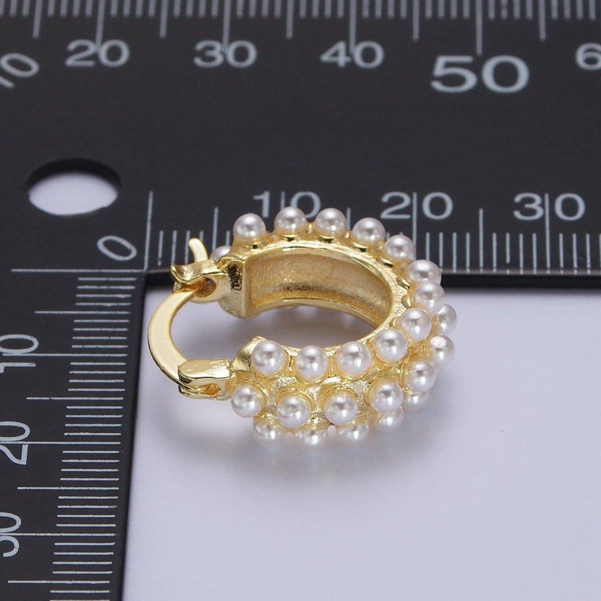 Triple White Round Pearl Lined 21mm Gold Hoop Latch Earrings