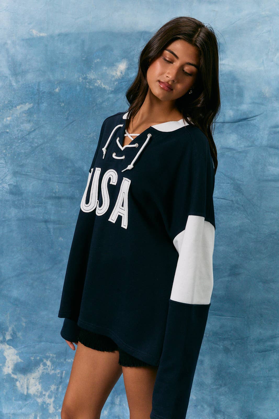 "USA" LONG SLEEVE CREW NECK COLOR BLOCKED OVERSIZED SHIRTS