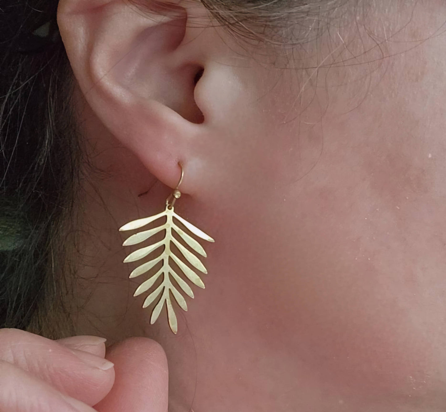 Brass Fern Leaf & Watermelon Tourmaline Dangle Earrings