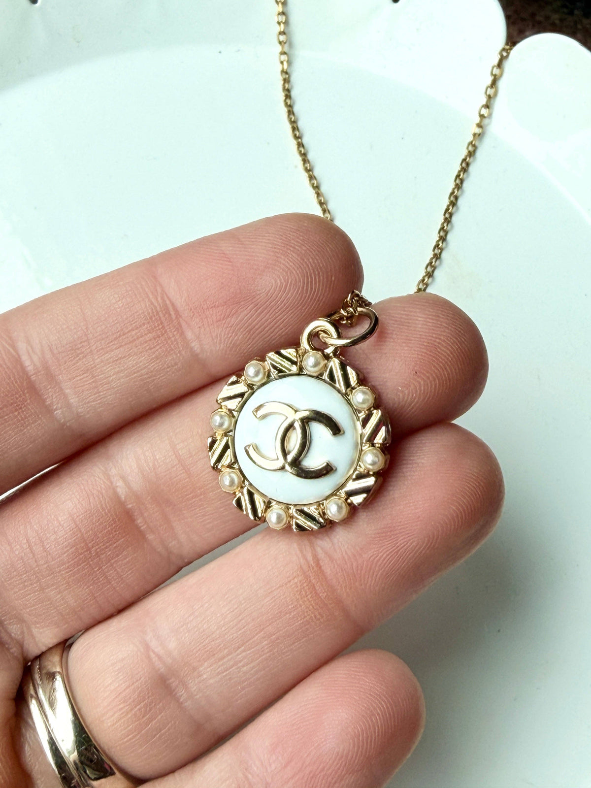 Upcycled Chanel Jeweled Edge Pendant Necklace