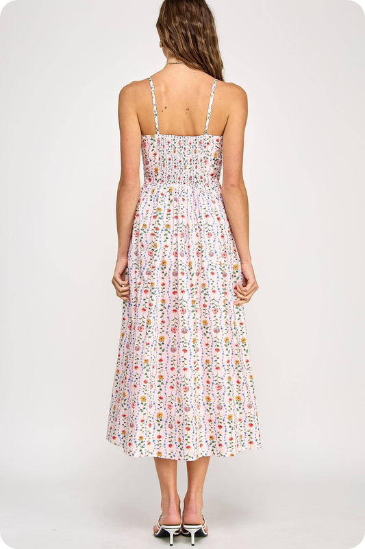 Floral Poplin Corset Sleeveless Midi Dress