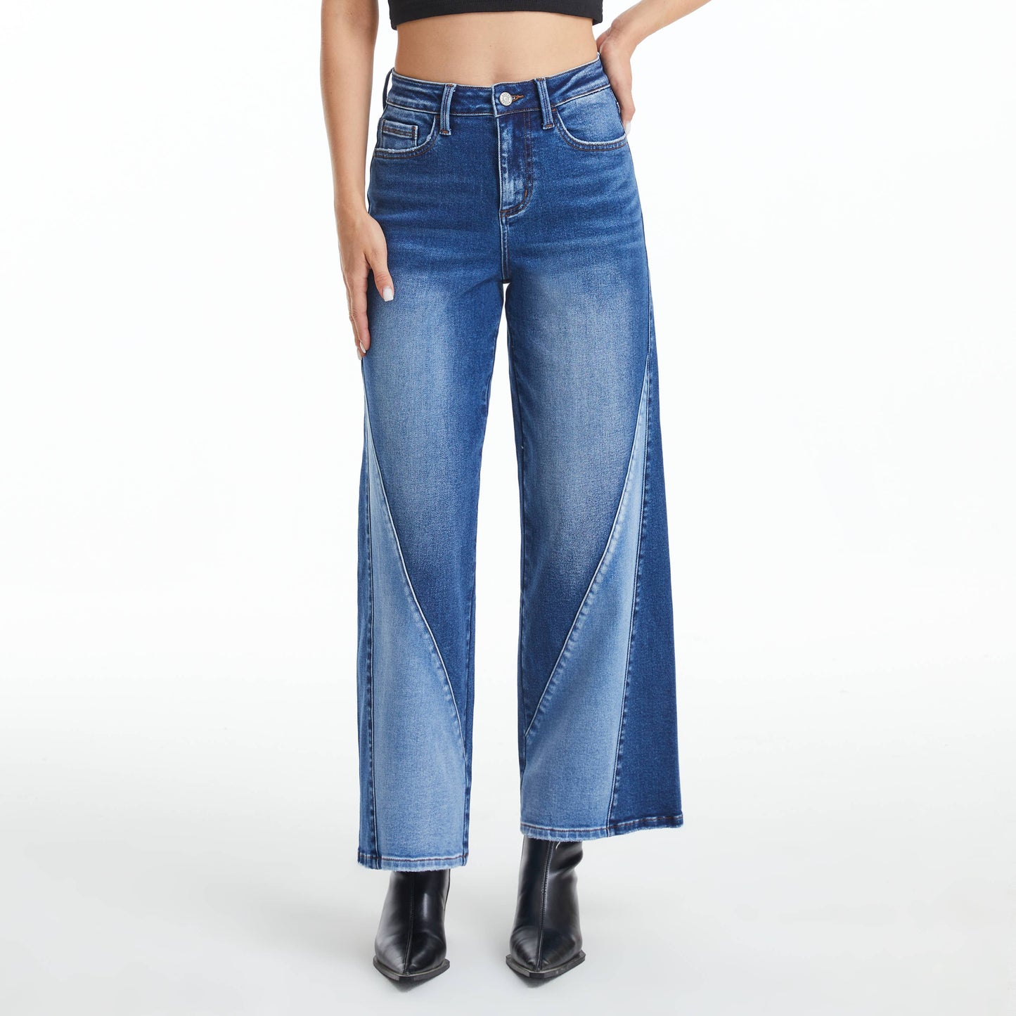 High Rise Two-Tone Wide Leg Jeans