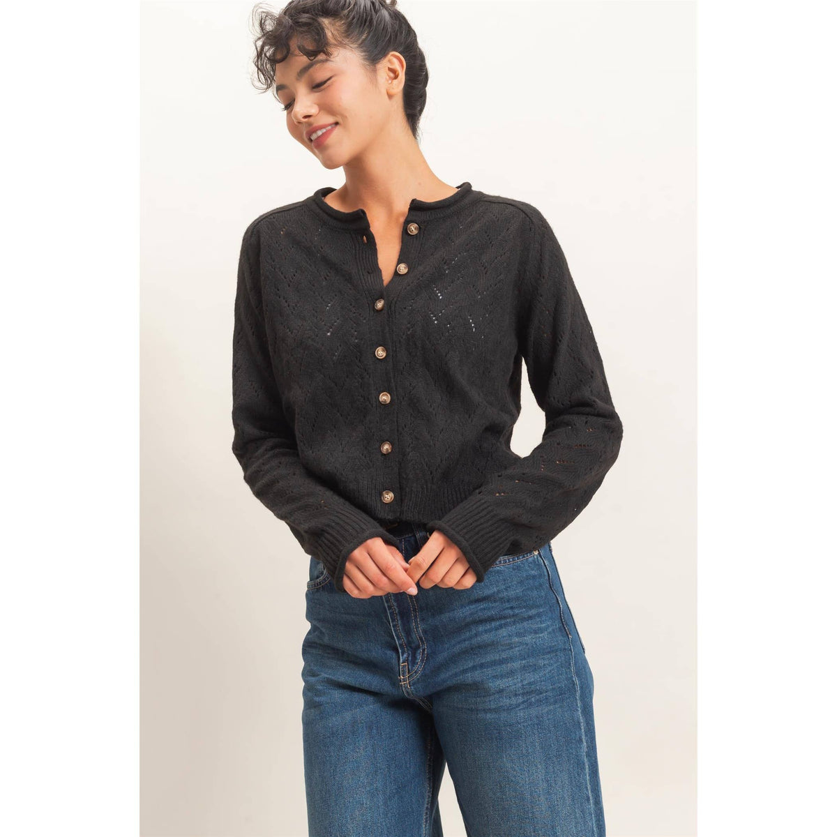 Pointelle Knit Button Front Cardigan