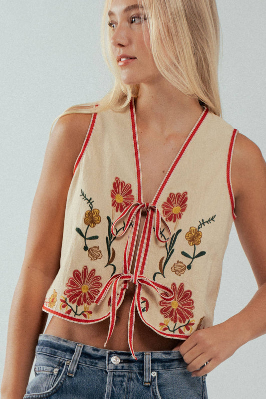 Boho Embroidered Tie Front Western Vest