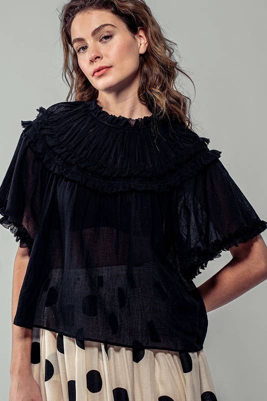 Ruffled Sheer Mock Neck Short Sleeve Blouse