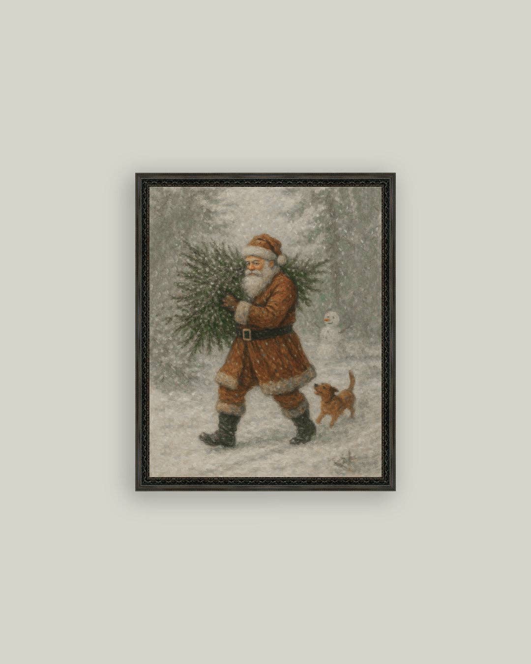 Santa with Tree Framed Antique Art