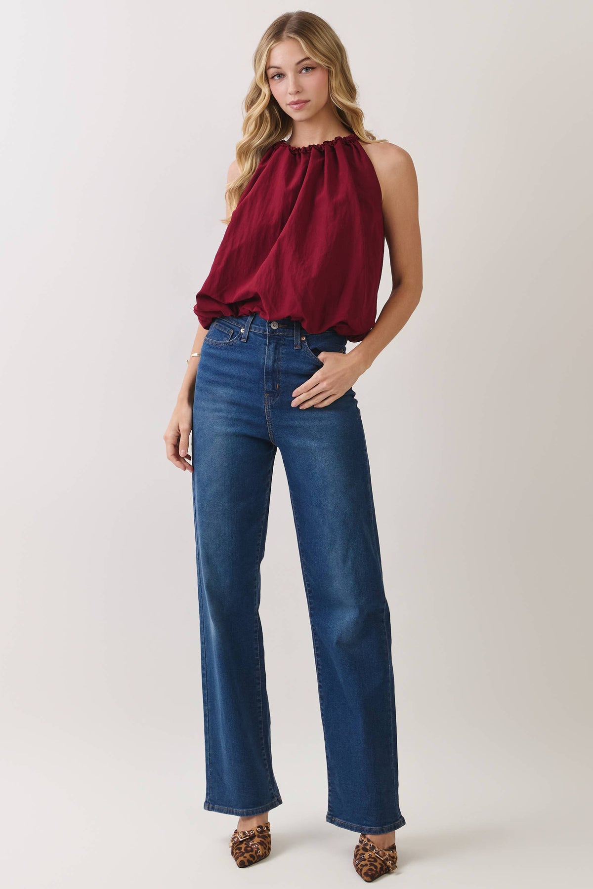 Gathered Neckline With Tie Halter Style Top
