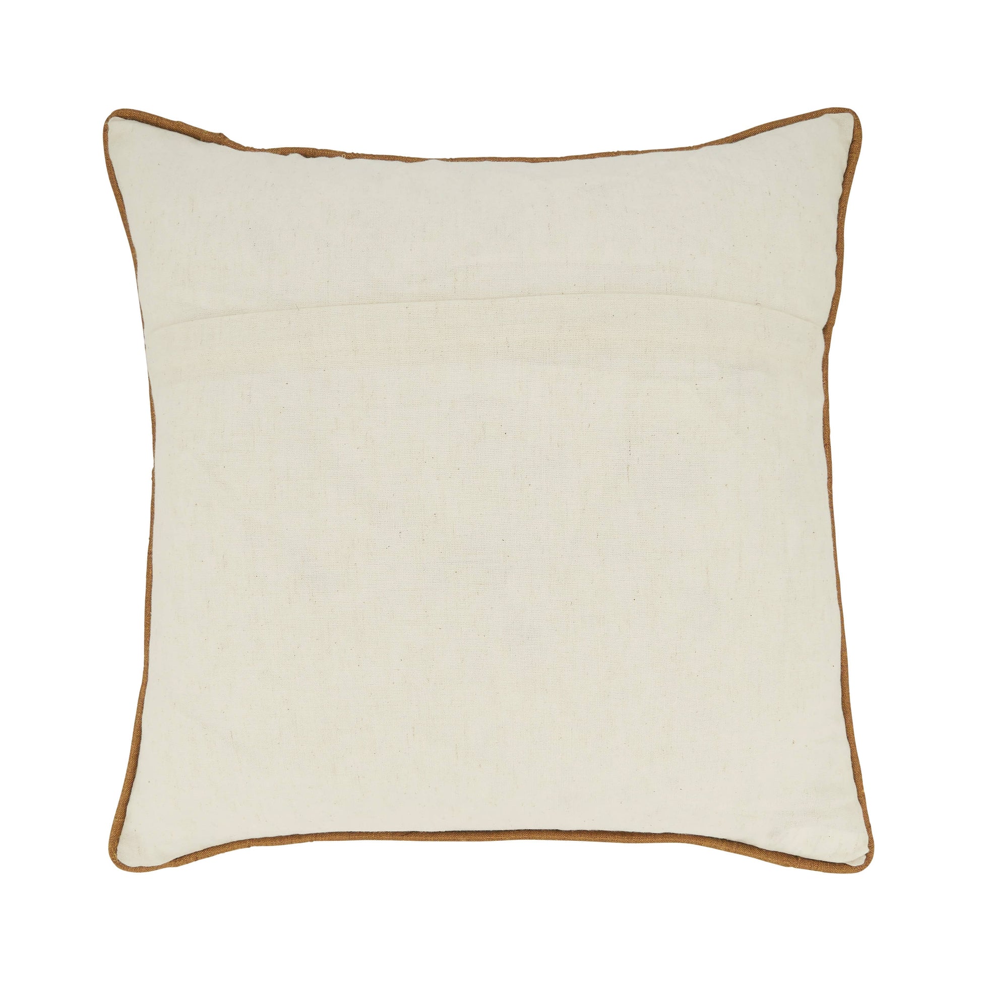 Back of natural cotton bumble bee pillow with brown piping