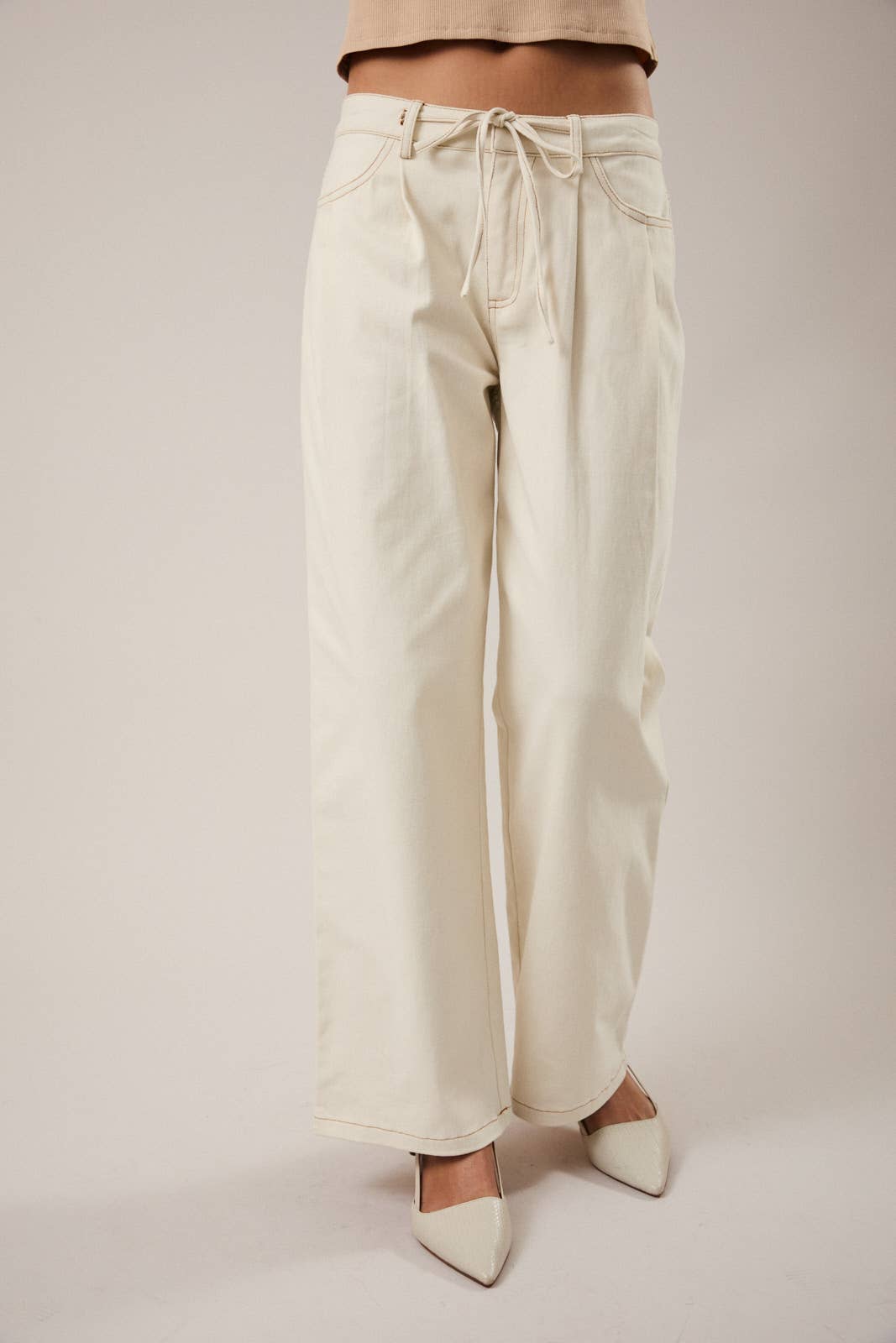 Drawstring Waist Pleated Twill Wide Leg Pants - Cream