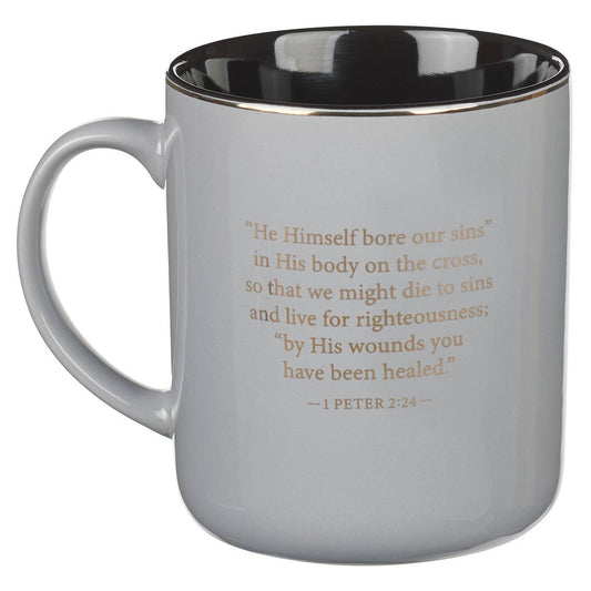 Mug Gray w/Metal Cross 1 Peter 2:24
