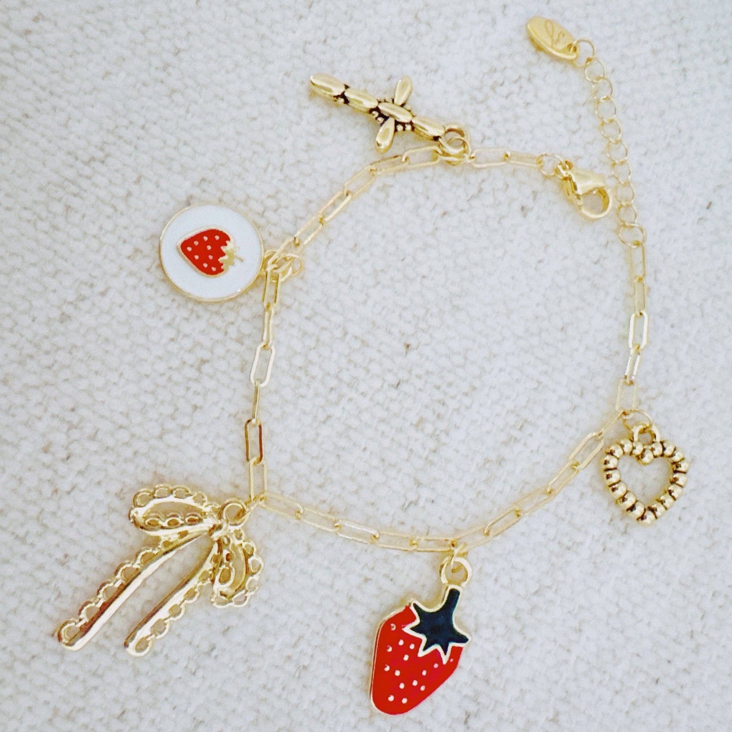 Berry Cute Strawberry Bow Heart Charm Bracelet