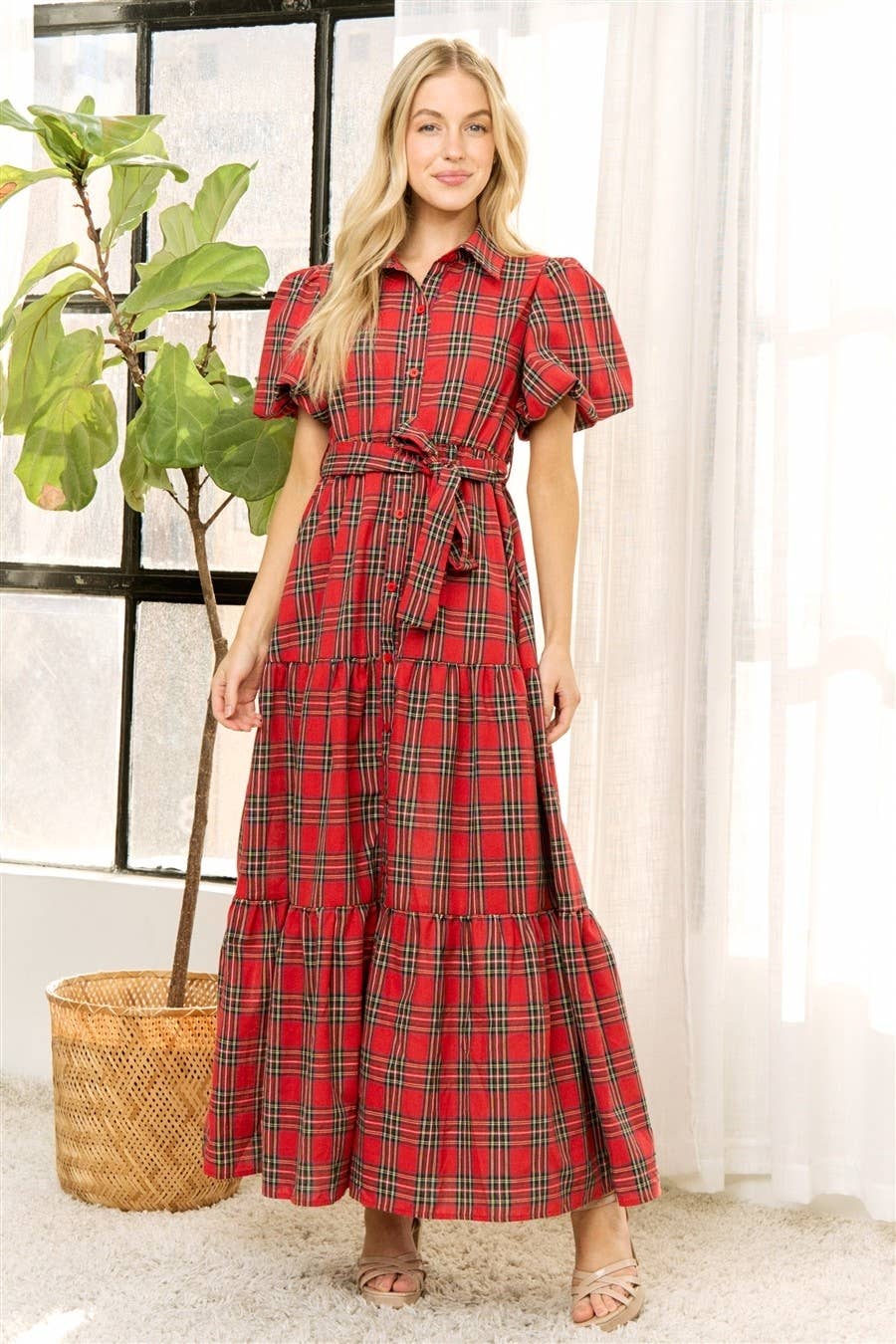 HOLIDAY PLAID SHIRT TIERED MAXI DRESS