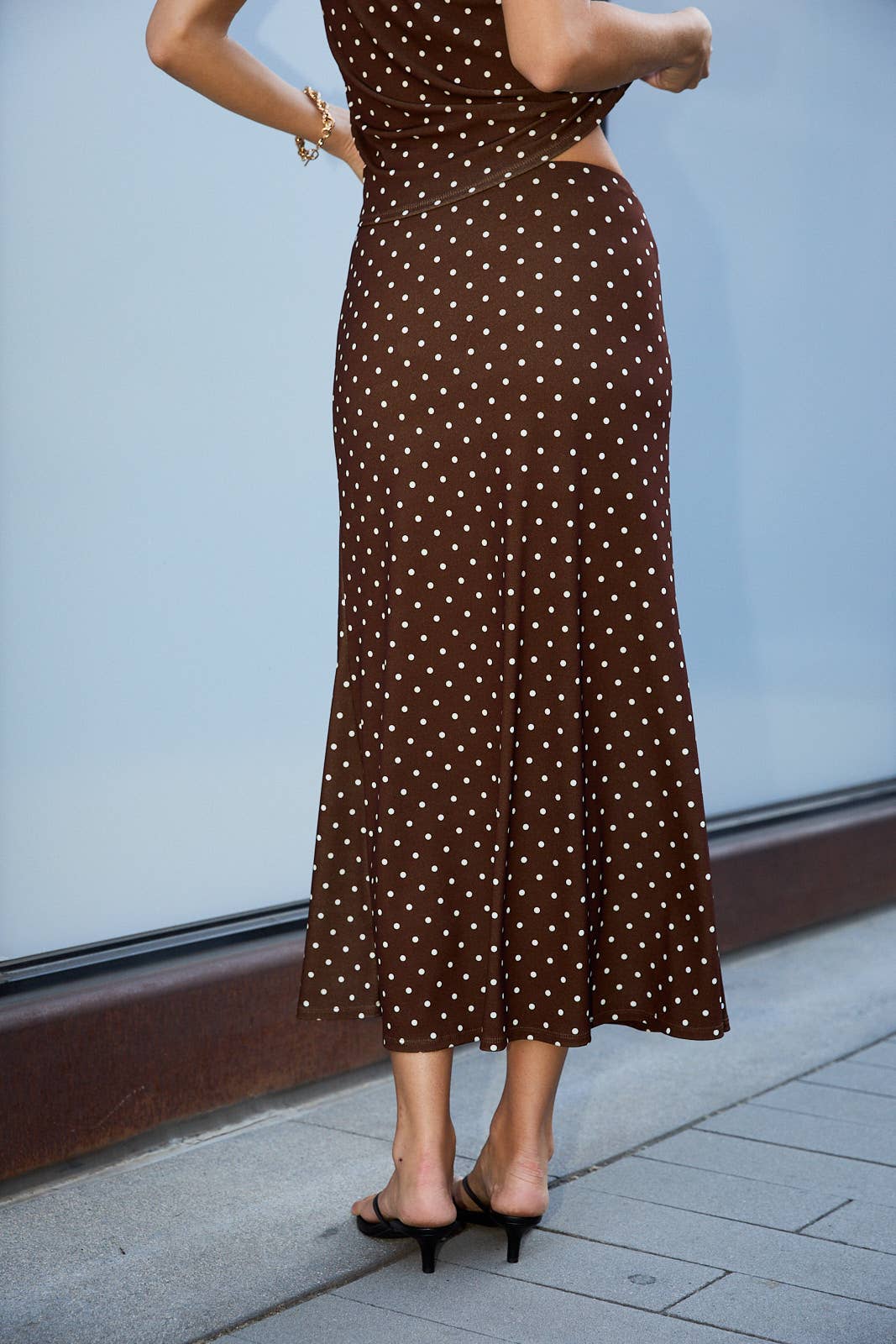 LAST CHANCE - High Waist Polka Dot Midi Skirt - Brown & Ivory