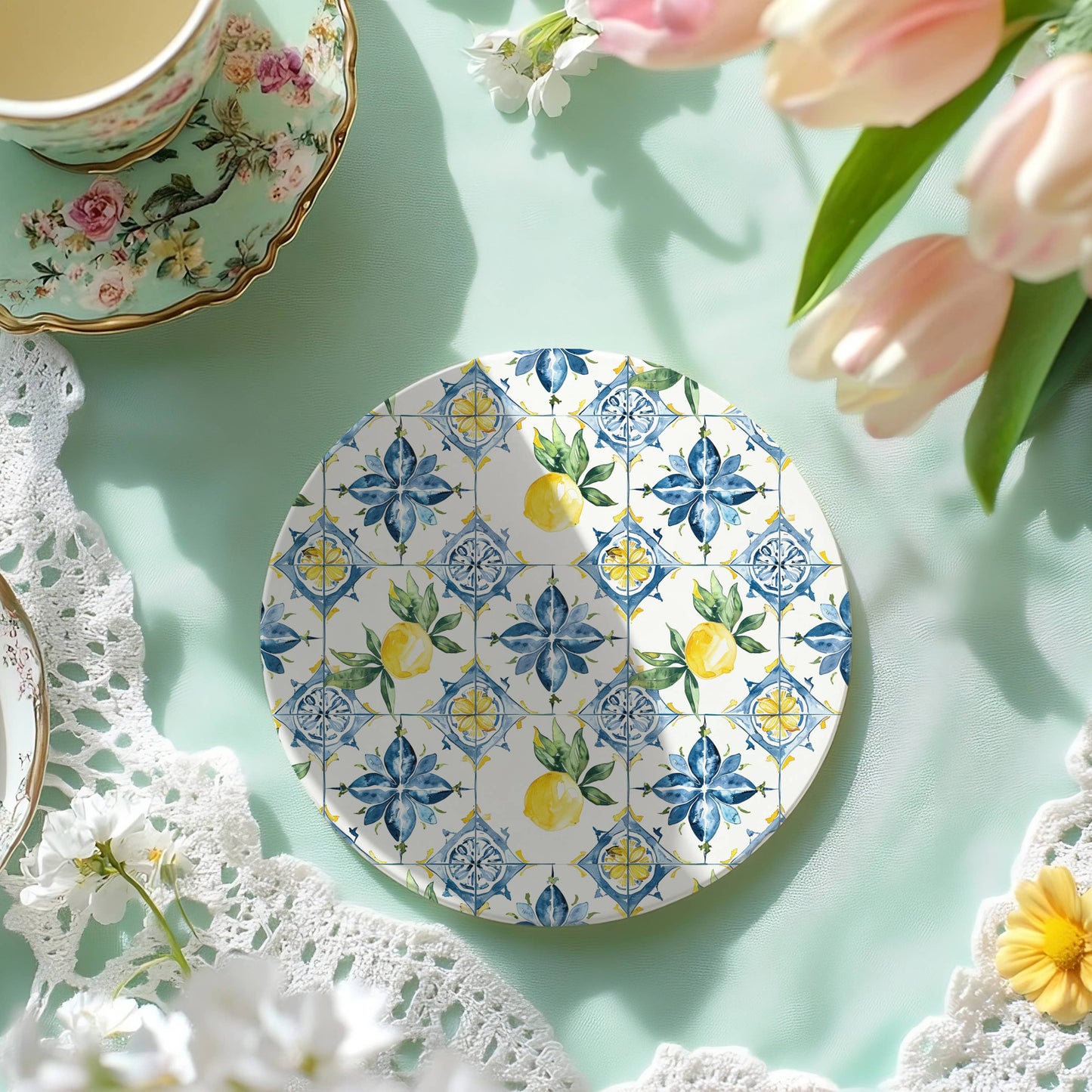 Mediterranean Lemon Coasters | Coastal Blue & Yellow Accents