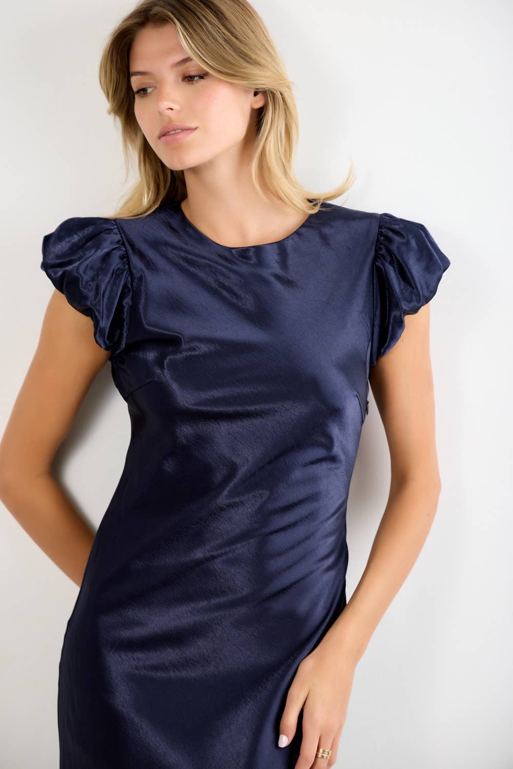 SATIN CAP SLEEVE MIDI DRESS