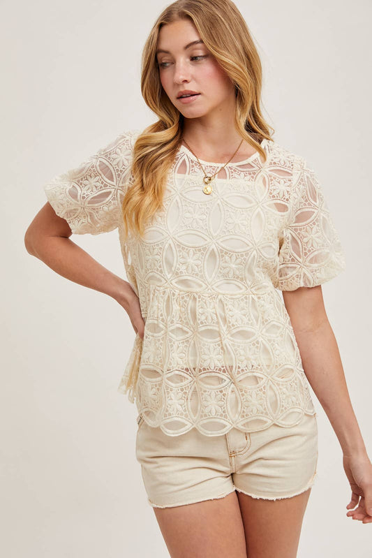 LAST CHANCE - Balloon Sleeve Crochet Babydoll Top
