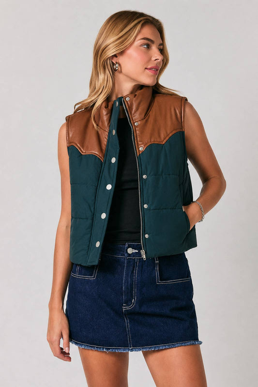 FAUX LEATHER CONTRAST PADDED VEST
