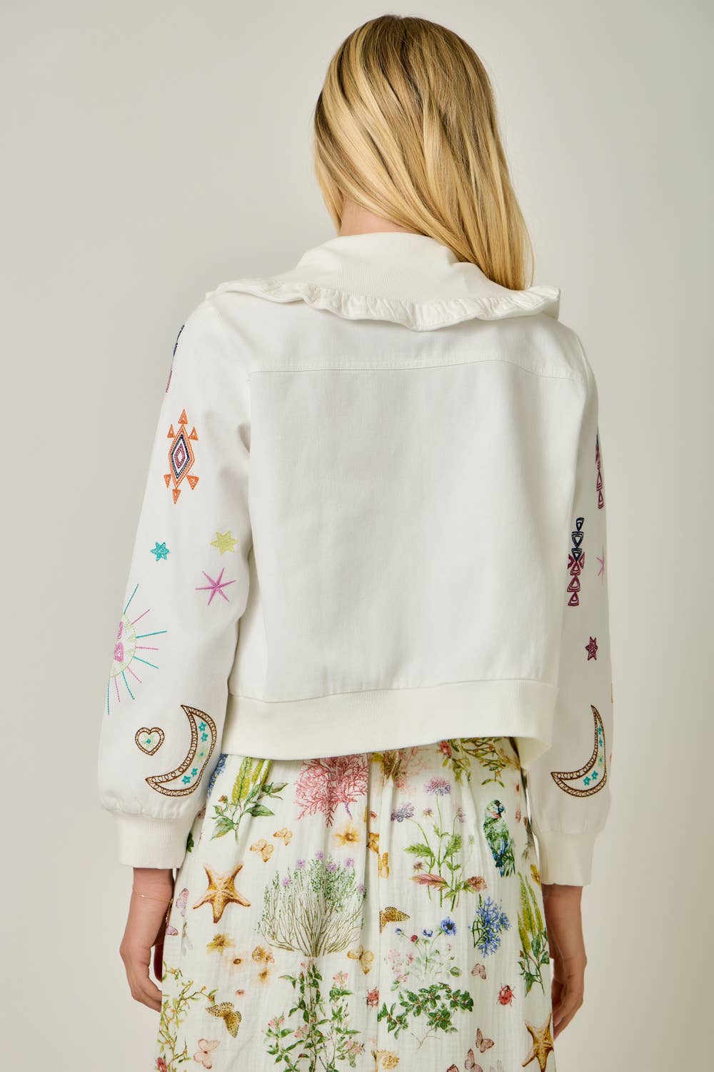 Embroidered Blouson Jacket with Star Detail - Vintage White
