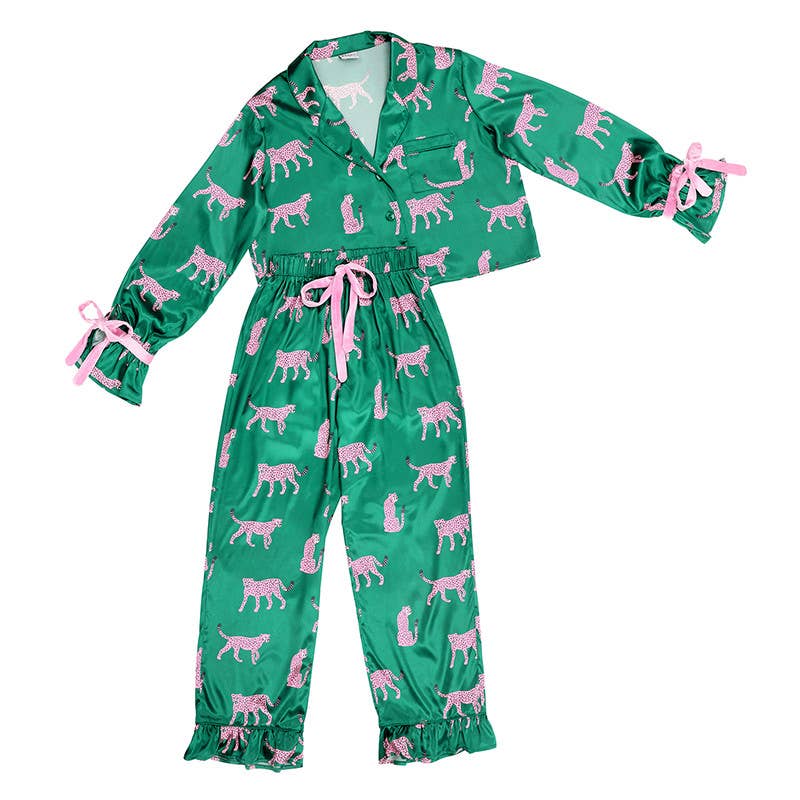 Ruffled PJ Set with Velvet Ties - Green + Cheetahs