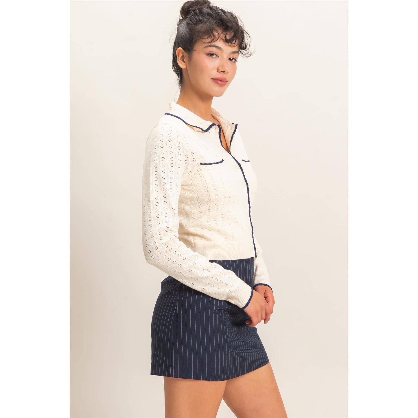 Collared Pointelle Knit Cardigan