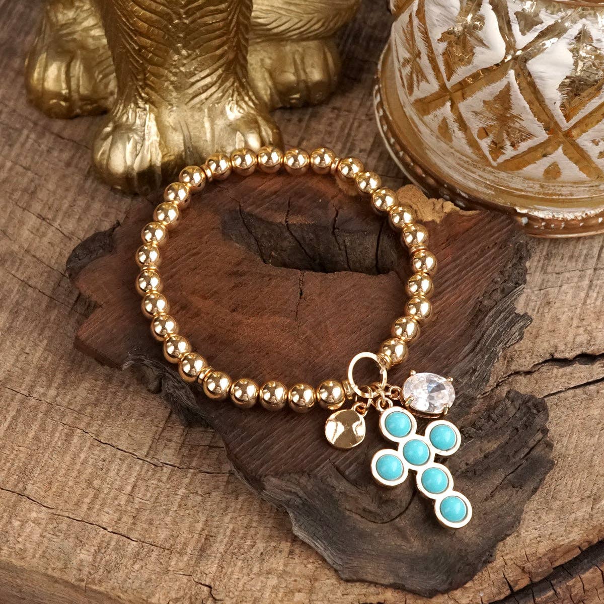 Golden Keepsakes Charm Cluster Stretch Bracelet with Beads and Stones