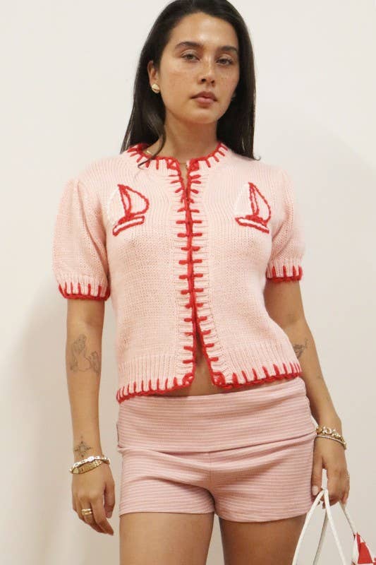 Sailboat Embroidered Short Sleeve Cardigan