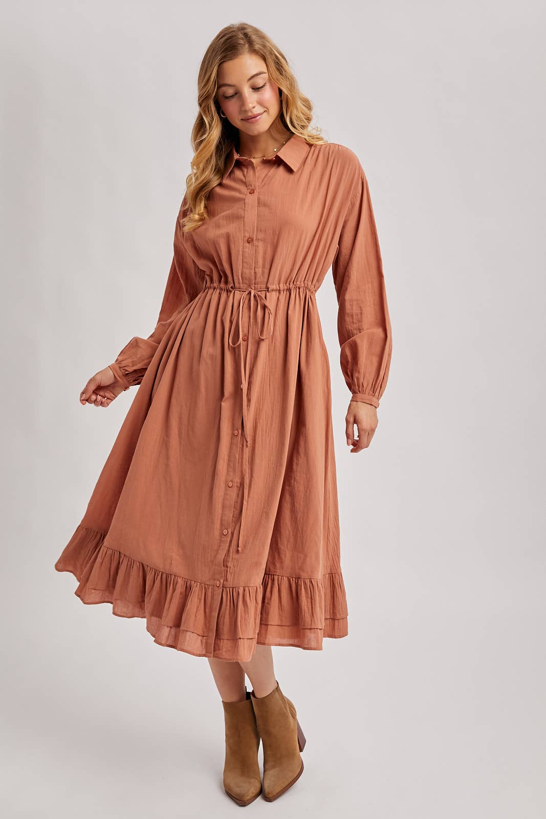 RUFFLED MIDI OPEN DUSTER OR SHIRT DRESS