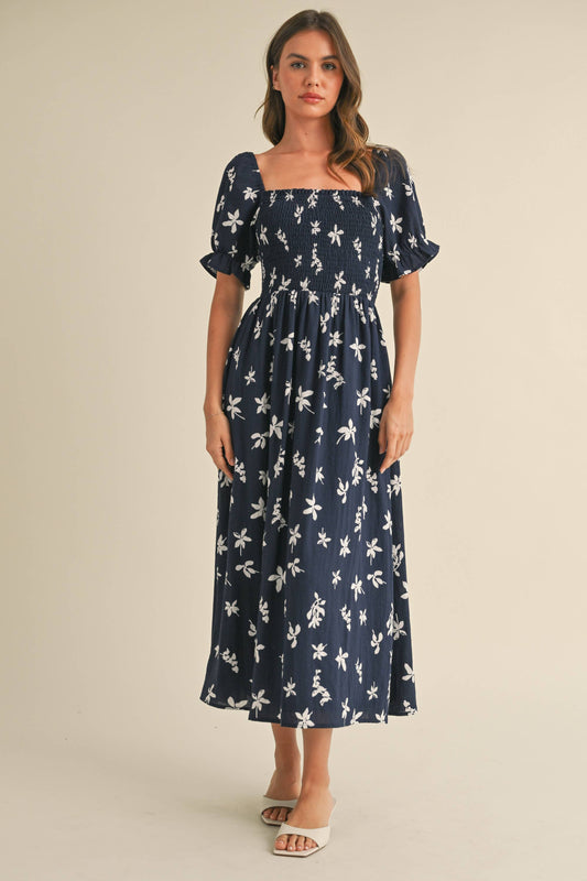 ID8847-A  FLORAL MIDI PUFF SLEEVES DRESS