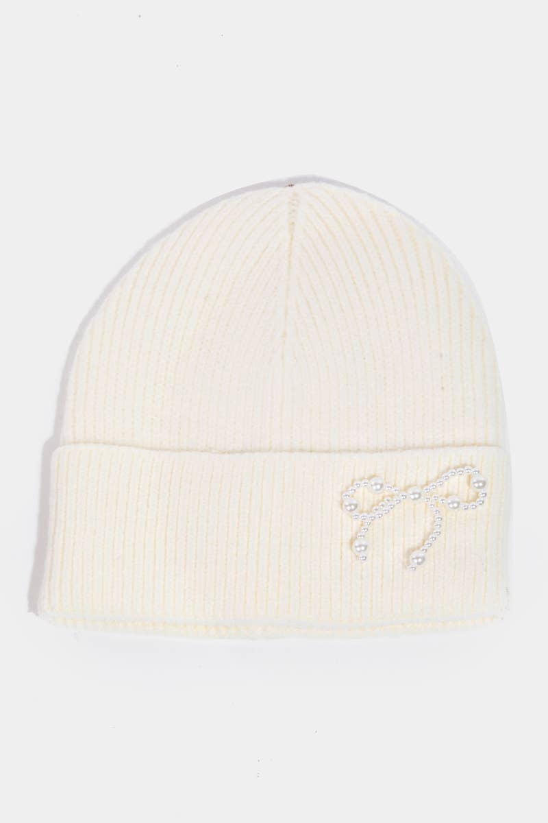Pearl Beaded Ribbon Bow Charm Knitted Beanie
