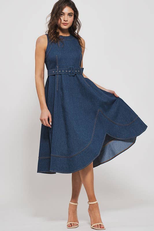 Fit and Flare Sleeveless Denim Midi Dress