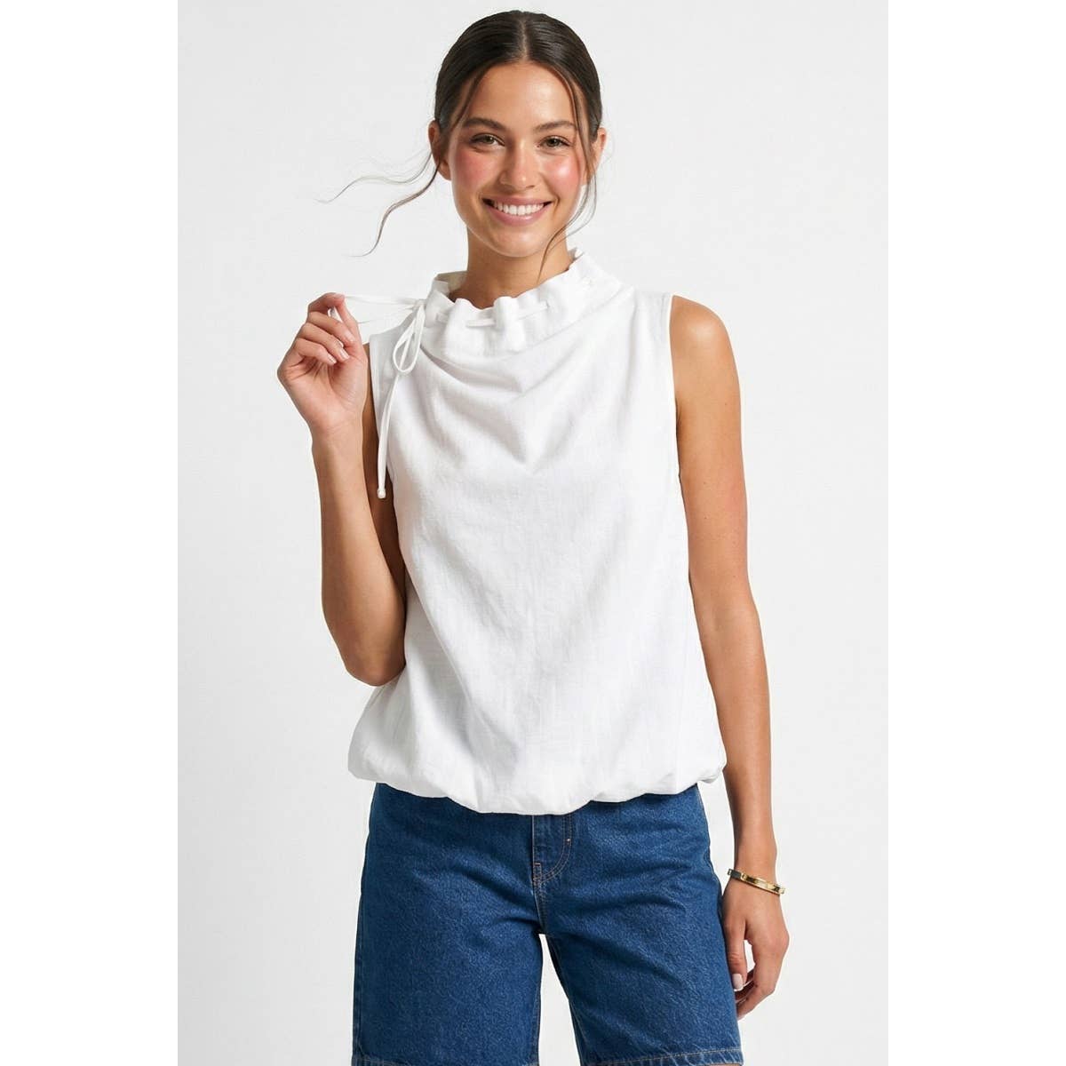Cinched Mock Neck Sleeveless Top