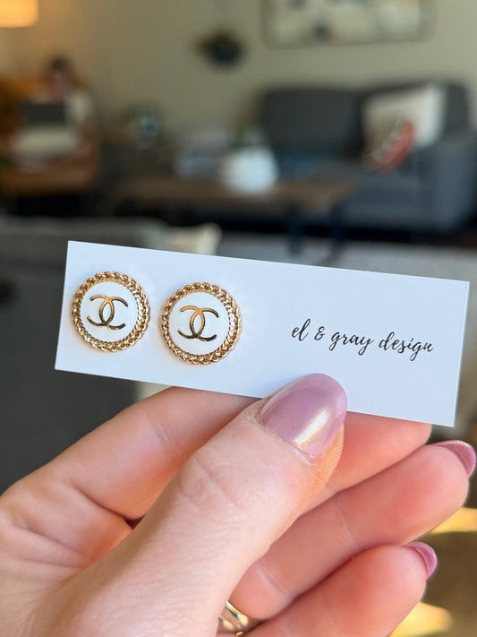 Upcycled CC White & Gold Circles Pendant Earrings