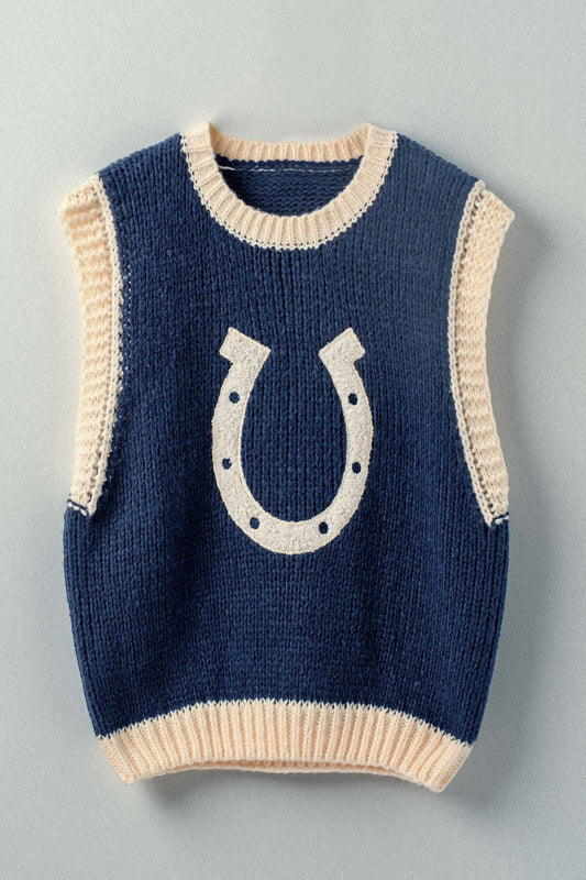 Western Horseshoe Crochet Knit Ribbed Trim Sweater Vest