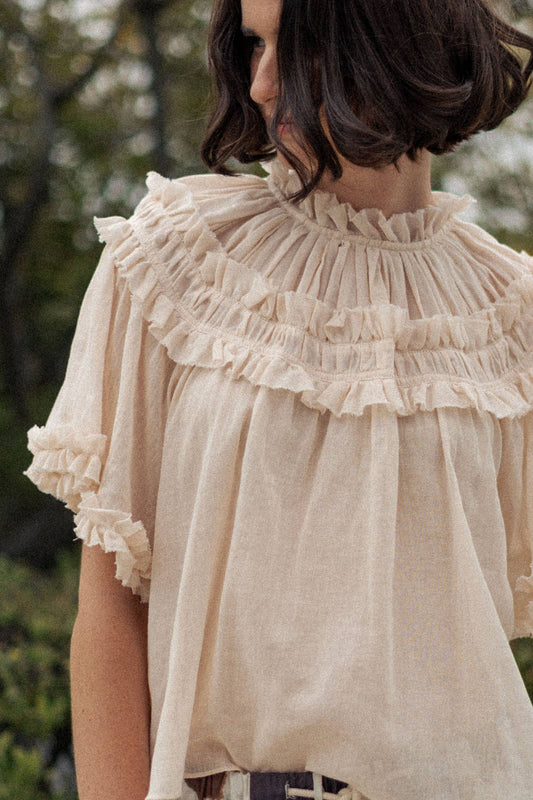 Ruffled Sheer Mock Neck Short Sleeve Blouse