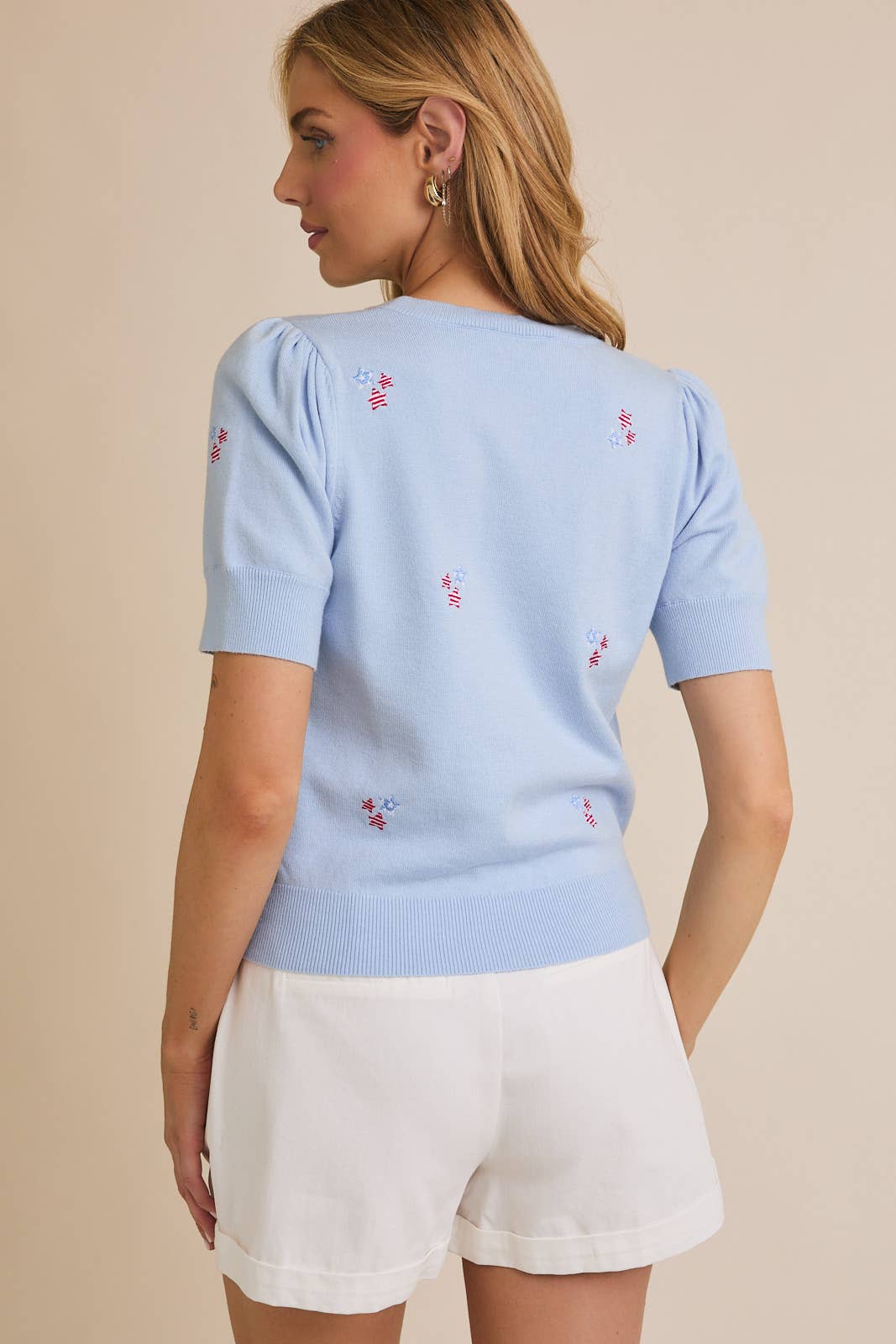ROUND NECK PUFF SLEEVE STAR EMBROIDERED KNIT TOP