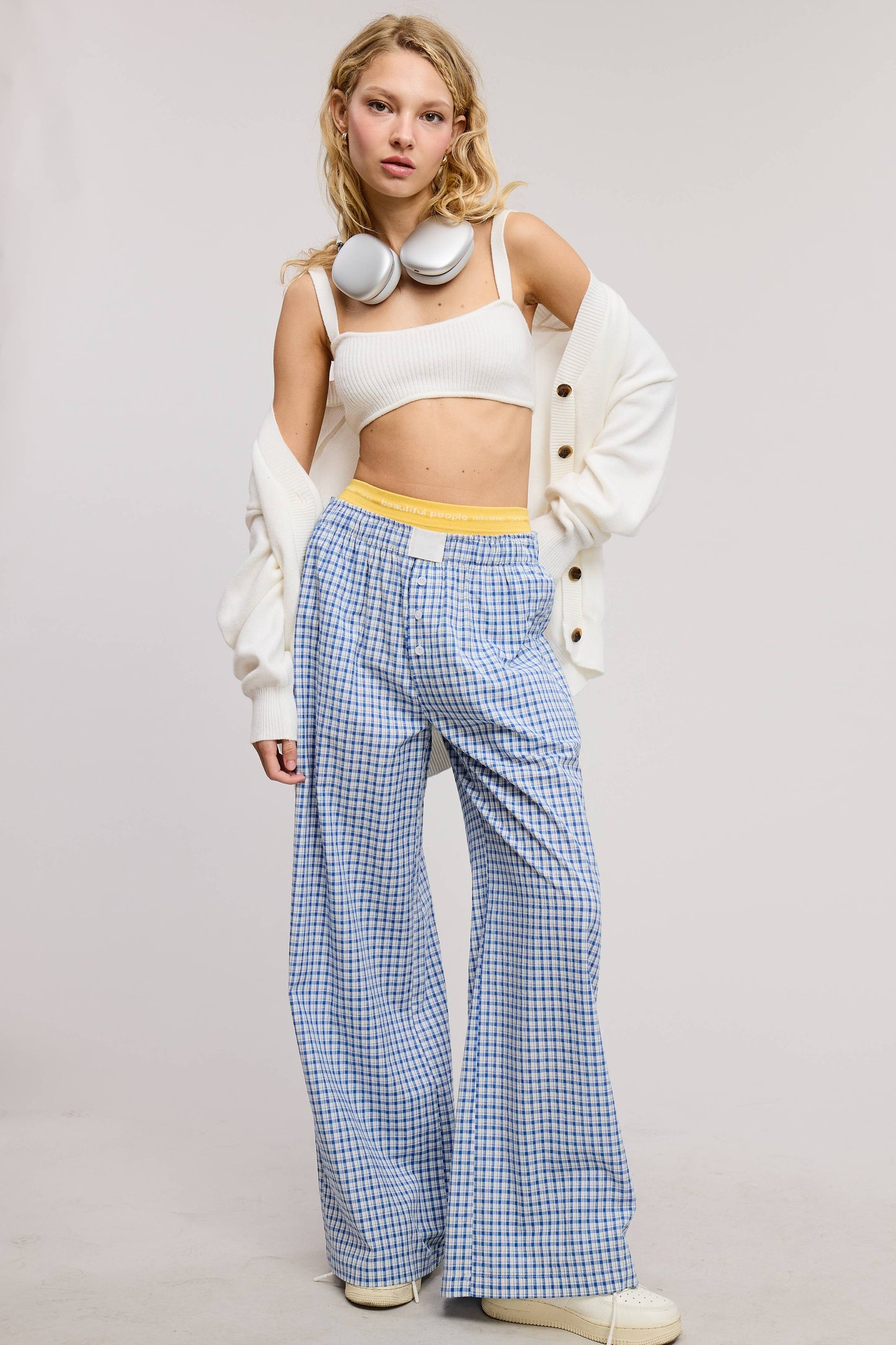 Mid Rise Elasticized Waistband Gingham Pattern Pants