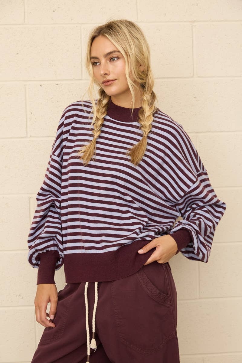Two-Tone Stripe Mock Neck Sweater