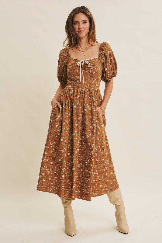 GOLDEN HOUR FLORAL PUFF SLEEVE MIDI DRESS WITH SMOCKED BACK