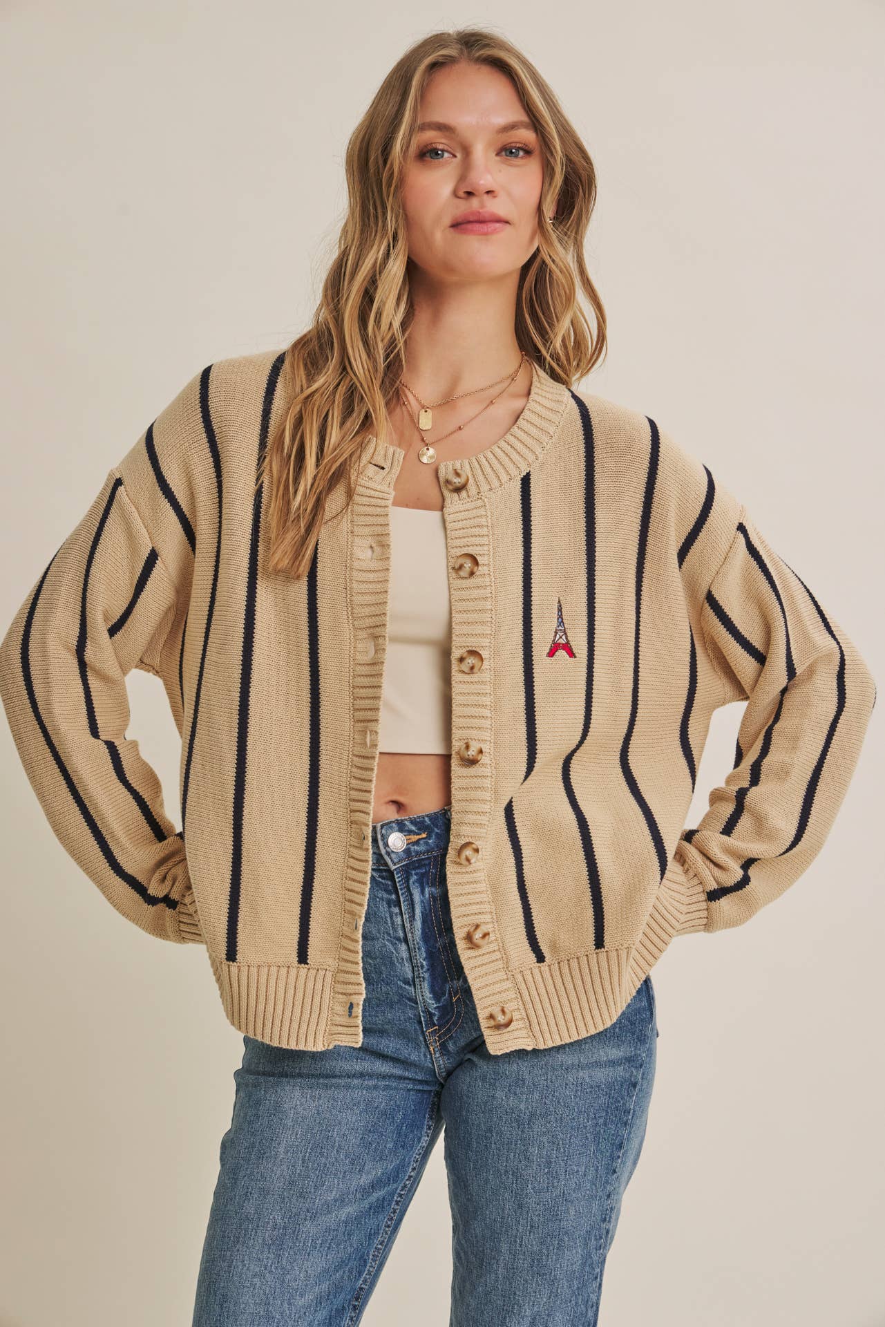 CITY POSTCARD EMBROIDERED STRIPE BUTTON-DOWN CARDIGAN